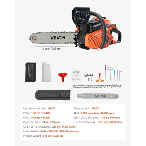 VEVOR 40cc Benzin-Kettensäge, 355 mm Benzin-Kettensäge, 1,8 PS starke Säge mit rutschfestem Griff, zwei Kraftstofftanks, Not-Aus-Funktion, max. 12000U/min, zum Holzfällen, Baumbeschneiden & Roden – Bild 6