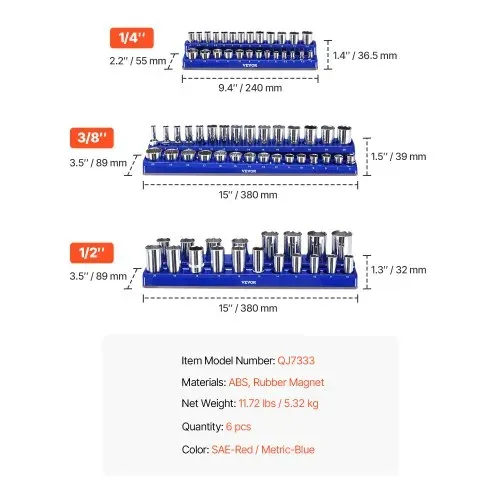 VEVOR Steckschlüssel-Organizer-Set, 6-teilig, 1/4 Zoll, 3/8 Zoll & 1/2 Zoll SAE-Steckschlüsselablagen, für bis zu 143 Standard- & tiefe Steckschlüssel, (Steckschlüssel nicht im Lieferumfang enthalten) – Bild 6