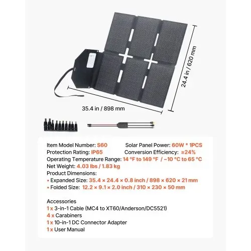 VEVOR Faltbares Solarpanel 60 W, 16BB N-Typ monokristallines Solarmodul mit 24 % Wirkungsgrad, Solarladegerät mit MC4-Ausgang, Typ-C-, USB-A- & DC-Anschlüssen für Powerstations beim Camping – Bild 6