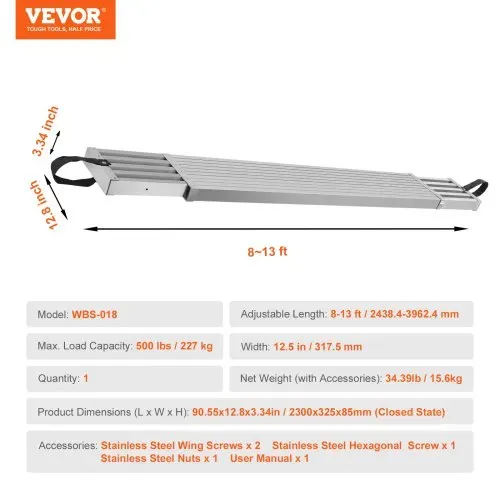 VEVOR Teleskop-Arbeitsplanke aus Aluminium, 2,4–3,9 m, 227 kg Tragkraft, 31,8 cm breites Aluminium-Gerüstbrett, Verlängerungs-Bühnenbrett mit rutschfester Plattform, Gerüstleiter-Zubehör – Bild 6