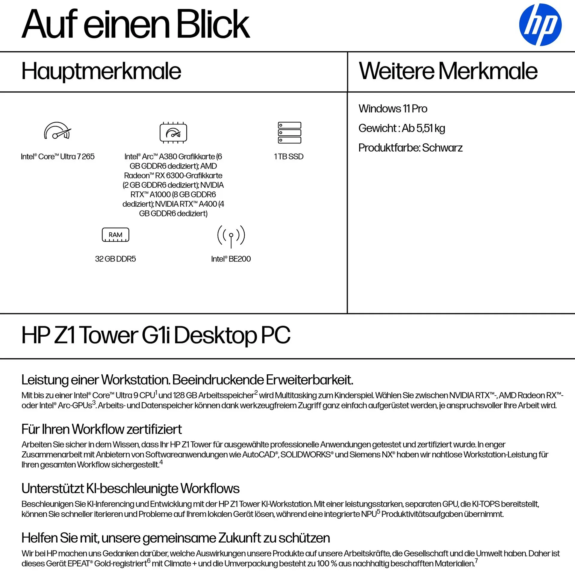 HP Z1 G1i Intel Core Ultra 7 265 32 GB DDR5-SDRAM 1 TB SSD Windows 11 Pro Tower Arbeitsstation AI Workstation, AI PC Schwarz – Bild 3