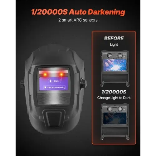VEVOR Automatik Schweißhelm, 93x42,9 mm True Color, Solar Schweißermaske, 2 Lichtbogensensoren, Schwerißschirm DIN 4/9-13 für WIG MIG ARC Schweißschleifen – CRIUS-Serie (Mattschwarz) – Bild 2