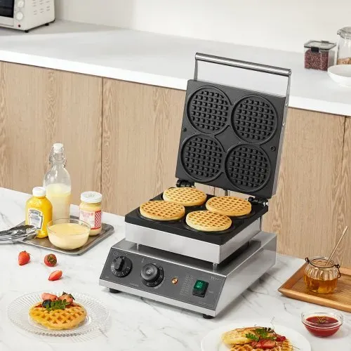 VEVOR kommerzielles Waffeleisen Waffelmaschine 1750 W antihaftbeschichtetes belgisches Waffeleisen aus Edelstahl mit Temperatur- und Zeitregelung, für Restaurant Bäckerei Snackbar 4 runde Waffeln – Bild 7
