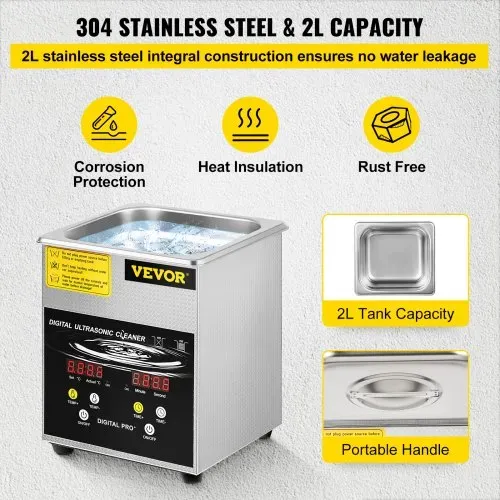 VEVOR 2 L Verbesserter Ultraschallreiniger (100 W Heizung, 60 W Ultraschall) Professioneller digitaler Labor-Ultraschall-Teilereiniger mit Heizungstimer für die Reinigung von Schmuck, Brillenteilen – Bild 4