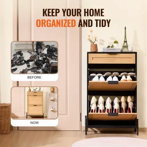 VEVOR Schuhschrank Schuhkommode aus Rattan mit 2 Klappschubladen & 1 Ausziehschublade, Metallbeine, schmaler Schuhschrank ideal für Eingangsbereich Diele Schrank Flur Schuhkipper Schwarz – Bild 4