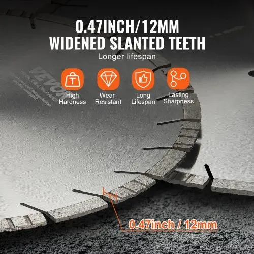 VEVOR Diamantsägeblatt Betonsägeblatt 50 cm für Nass- oder Trockenarbeiten, 12 mm Diamantsegmentsägeblatt mit schrägen Zähnen, Mittellochdurchmesser 25,4 mm, für Beton, Zementplatten, Fliesen, Ziegel – Bild 2