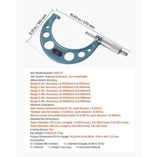 VEVOR Bügelmessschraube 4-tlg. Set, Mikrometer mit Messgenauigkeit von 0,0001/0,0002 Zoll, Messschraube für Metallbearbeitung & Maschinenbau, mit Schutzkoffer, 0-1/1-2/2-3/3-4/4-5/5-6 Zoll – Bild 6