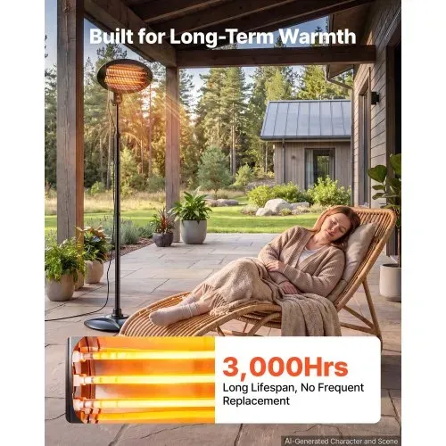 VEVOR Infrarot Heizstrahler 2000W 2-in-1 Infrarotstrahler mit Zugschalter, Infrarotheizung für Garten Terrasse Balkon, 3 Heizstufen, Kaltgewalzter Stahl, Mit Quarz-Heizelemente, Wand- & Standgerät – Bild 4