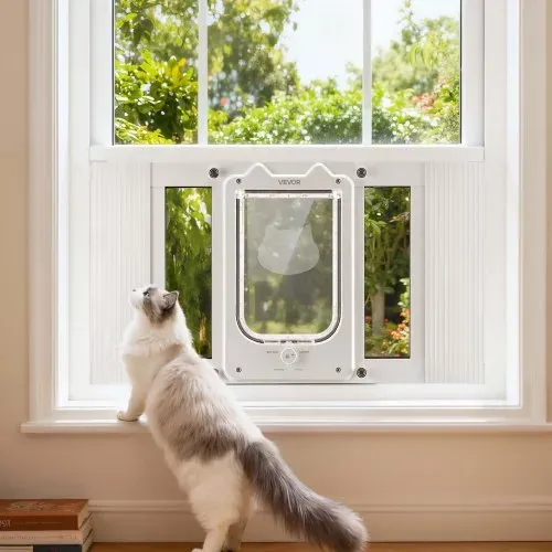 VEVOR Katzenklappe Katzentür Anpassbar an Fensterbreiten (584-711 mm), Wetterfeste Haustiertür mit 4 sicheren Verriegelungsmodi & Aluminiumrahmen & Hochtransparentem Glas & Magnetverschluss, Weiß – Bild 7