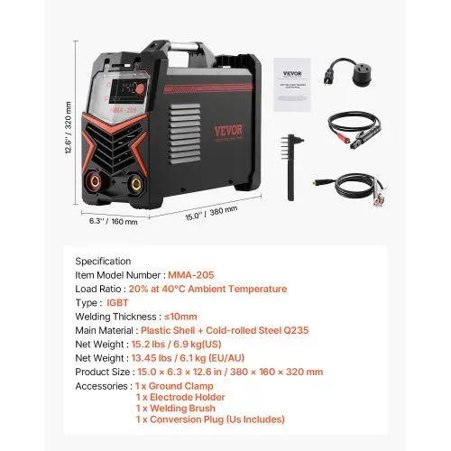 VEVOR MMA-Schweißgerät, 205A 2-in-1 MMA Lift TIG-Stabschweißgerät, IGBT-Inverter-Schweißgerät mit Digitalanzeige, Hot Start Arc Force Anti-Stick (Lift-Brenner nicht im Lieferumfang enthalten) – Bild 6