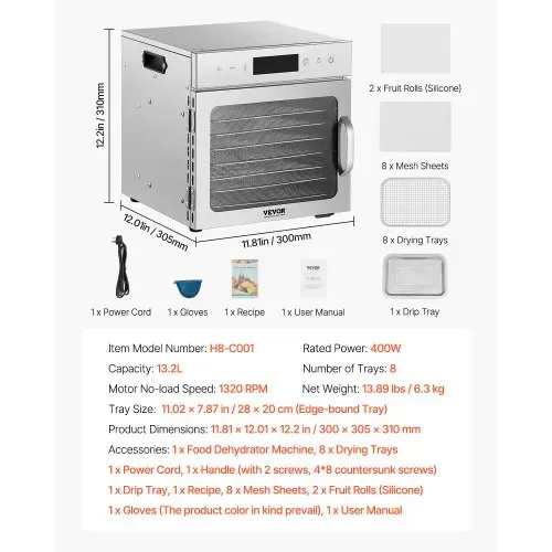 VEVOR Dörrgerät Dörrautomat 8 Edelstahlschalen, elektrischer 400 W Futtertrockner mit einstellbarer Temperatur, Gefriertrockner für Trockenfleisch Fleisch Obst Gemüse Kräuter Hundeleckerlis – Bild 6