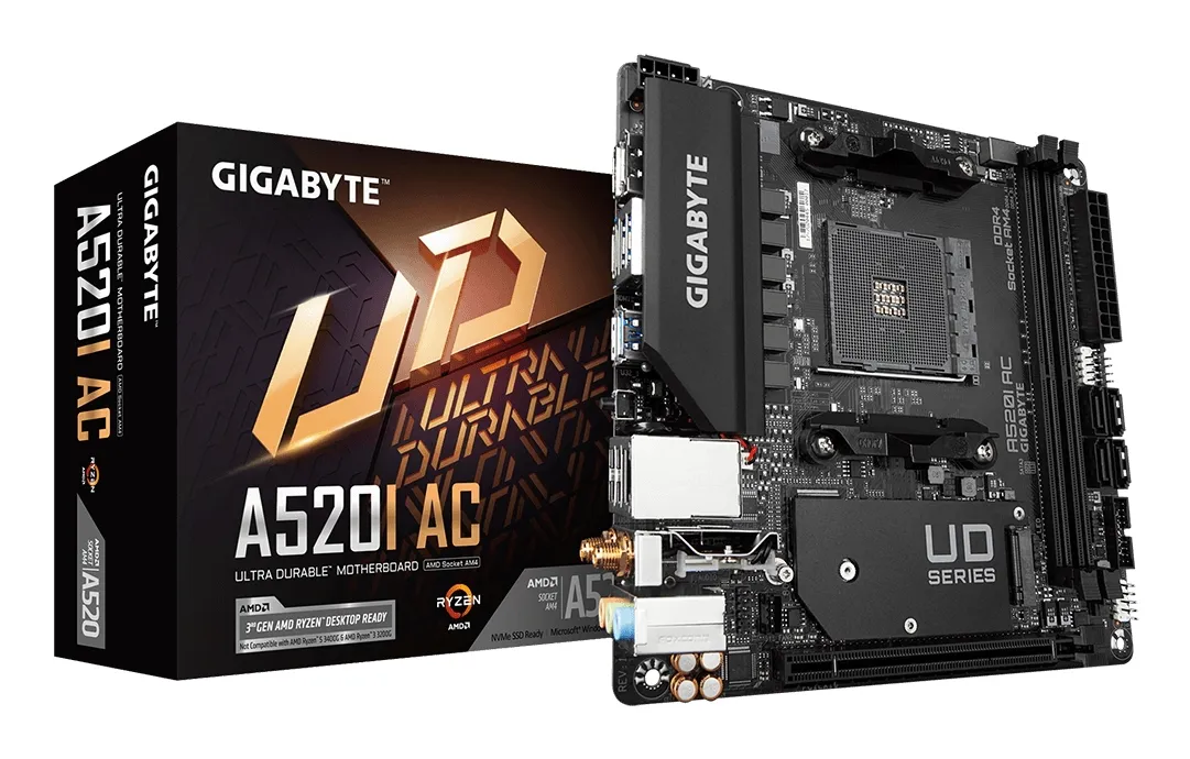 GIGABYTE A520I AC Motherboard – Unterstützt AMD Ryzen 5000 Series AM4 CPUs, 6 Phasen Digital VRM, bis zu 5300MHz DDR4 (OC), 1xPCIe 3.0 M.2, WIFI, GbE LAN, USB 3.2 Gen1 GIGABYTE A520I AC Motherboard – Unterstützt AMD Ryzen 5000 Series AM4 CPUs, 6 Phasen Digital VRM, bis zu 5300MHz DDR4 (OC), 1xPCIe 3.0 M.2, WIFI, GbE LAN, USB 3.2 Gen1