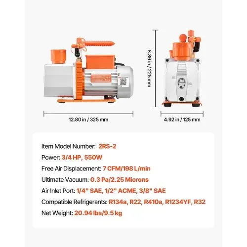 VEVOR Vakuumpumpe, 7 CFM 198 L/min, 2-stufig, 550 W geeignet für R134a, R22, R410a, R1234YF & R32, 4-poliger Motor, für die Wartung von Kfz-Klimaanlagen & die Entgasung von Harzen, inkl. Öl – Bild 6