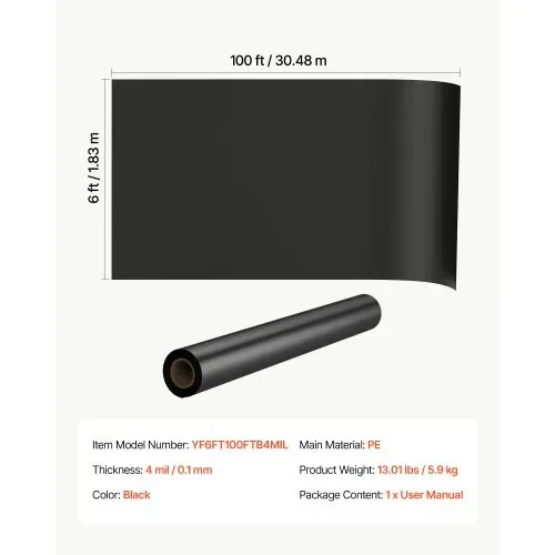 VEVOR Polyethylenfolie 1,83x30,48m Gartenfolie 0,1mm Unkrautvlies Schwarz, Kunststoffrolle für Gartenarbeit Abdeckplane Malerplane Abdeckfolie für Kriechkeller Dampfsperre Unkrautbekämpfung – Bild 6
