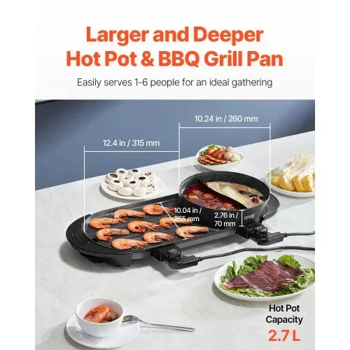 VEVOR Hot Pot mit Grill, 2200 W 2 in 1 elektrischer rauchfreier Grill und Hot Pot, koreanischer BBQ Shabu Feuertopf mit separater doppelter Temperaturregelung & antihaftbeschichteter Pfannen – Bild 2