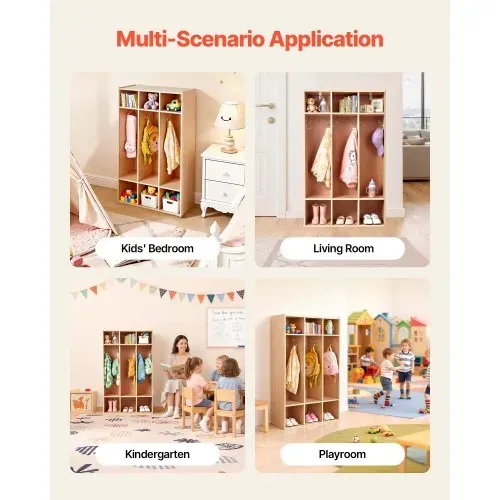 VEVOR Offener Kinderkleiderschrank aus Sperrholz, Kindergarderobe mit 6 Haken & 9 Fächern (3 Groß + 6 Klein), Garderobenregal & Aufbewahrungsregal für Kinderzimmer Zuhause Kindergarten Kita – Bild 5