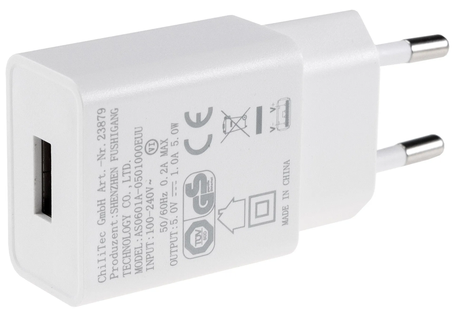 Stecker-Netzteil mit USB „CTN-0510“ Ein 110-240V~, Aus 5V=, 1A, 5W, weiß Stecker-Netzteil mit USB „CTN-0510“ Ein 110-240V~, Aus 5V=, 1A, 5W, weiß