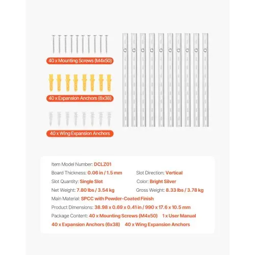 VEVOR Regalpilaster, 990 mm, 10er-Pack, aufrechtes Wandregalsystem, robustes Stützsystem mit Einzelschlitz-Regalschienen, 40 Schrauben, geeignet für die Organisation von Schränken, silber – Bild 6