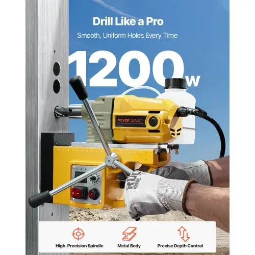 VEVOR Magnetbohrmaschine Kernbohrmaschine 1200 W φ50 mm, 12500 N tragbare elektrische Magnetbohrmaschine mit 2 Kernbohrern, 850 U/min Bohrmaschine für Metalloberflächen Industrie Heimwerker Gelb VEVOR Magnetbohrmaschine Kernbohrmaschine 1200 W φ50 mm, 12500 N tragbare elektrische Magnetbohrmaschine mit 2 Kernbohrern, 850 U/min Bohrmaschine für Metalloberflächen Industrie Heimwerker Gelb