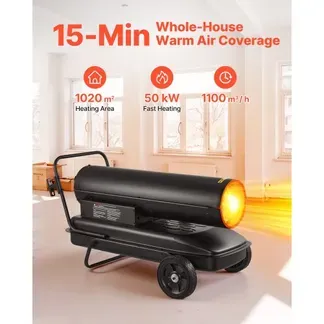 VEVOR 50 kW Heizkanone, Dieselheizer, Torpedo-Raumheizer mit Rädern und einstellbarer Temperatur, Dieselheizgebläse für Baustelle/Garage/Lager/Werkstattbau/Außenheizung, Schwarz VEVOR 50 kW Heizkanone, Dieselheizer, Torpedo-Raumheizer mit Rädern und einstellbarer Temperatur, Dieselheizgebläse für Baustelle/Garage/Lager/Werkstattbau/Außenheizung, Schwarz