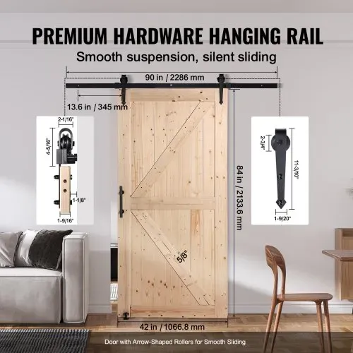 VEVOR Scheunentor und Hardware-Set Schiebetürsystem, 1067 x 2134 mm Holz-Glas-Schiebetor, leise, Scheunentor-Set mit 8-in-1-Bodenführung und Türgriff, Fichtenholzplatte, für Wohnzimmer usw. – Bild 3