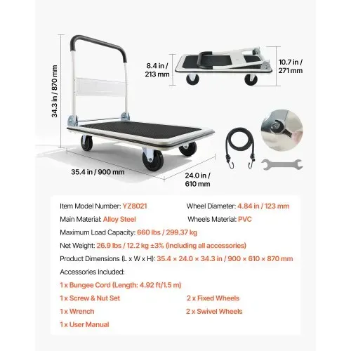 VEVOR Plattformwagen Klappbar 300 kg, Transportwagen mit Lenkrolle, Handwagen Ladefläche mit Anti-Rutsch-Beschichtung, Transporthilfe für Einfache Aufbewahrung, 900x610x870 mm Rollwagen – Bild 6