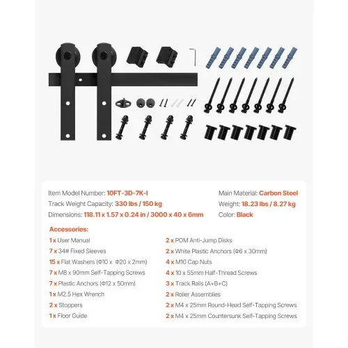 VEVOR Schiebetürsystem 3 m, Schiebetür Beschlag Tragkraft 150 kg, kompatibel mit einer maximalen Breite von 1524 mm und einer Dicke von 34,92 mm bis 44,45 mm, I-förmige Rolle, Schwarz – Bild 6