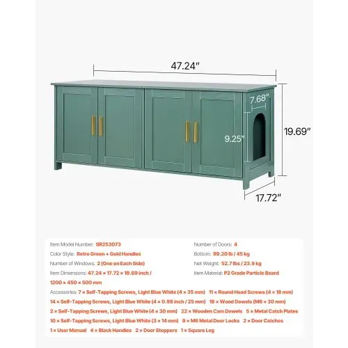 VEVOR Katzenschrank, 1200x450x500 mm, Katzentoiletten mit 4 Türen & 2 Eingängen, Katzenklo Schrank für den Innenbereich, Katzenhaus aus Holz, passend für die meisten Katzentoiletten, grün – Bild 6
