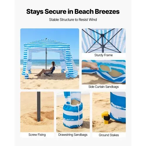 VEVOR Strand-Cabana 183 x183 cm Strandüberdachung mit Seitenwand, UPF 50+ Sonnenschutz, Strandpavillon mit Sandsäcken, tragbarer Sonnenschutz Sonnenschirm für Familie Freunde Blaue Streifen – Bild 2