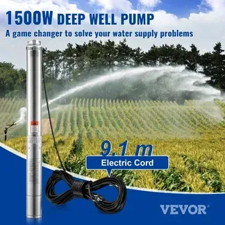 VEVOR Tiefbrunnen-Tauchpumpe, 2 PS/1500 W, 230 V/50 Hz, 9,8 m³/h Durchfluss, 108 m Förderhöhe, mit 9,1 m Stromkabel, Edelstahl-Wasserpumpen für Industrie, Bewässerung und Heimgebrauch, IP68-Wasserschutzklasse VEVOR Tiefbrunnen-Tauchpumpe, 2 PS/1500 W, 230 V/50 Hz, 9,8 m³/h Durchfluss, 108 m Förderhöhe, mit 9,1 m Stromkabel, Edelstahl-Wasserpumpen für Industrie, Bewässerung und Heimgebrauch, IP68-Wasserschutzklasse