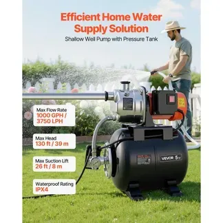 VEVOR Hauswasserwerk 1 PS 3750 L/h Flachbrunnenpumpe mit 1,4-2,8 bar Druckbehälter, für Garten Rasen und Hauswasserversorgung, 39 m Förderhöhe, 8 m Saughöhe, IPX4-Wasserschutz und Manometer VEVOR Hauswasserwerk 1 PS 3750 L/h Flachbrunnenpumpe mit 1,4-2,8 bar Druckbehälter, für Garten Rasen und Hauswasserversorgung, 39 m Förderhöhe, 8 m Saughöhe, IPX4-Wasserschutz und Manometer