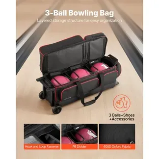 VEVOR Bowlingballtasche für 3 Bälle mit Doppelrollen & separatem Fach für Schuhe (bis US-Größe 16) & übergroßer Zubehörtasche, einziehbarer Griff lässt sich auf 105 cm ausziehen Schwarz + Rot VEVOR Bowlingballtasche für 3 Bälle mit Doppelrollen & separatem Fach für Schuhe (bis US-Größe 16) & übergroßer Zubehörtasche, einziehbarer Griff lässt sich auf 105 cm ausziehen Schwarz + Rot