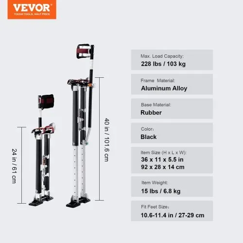 VEVOR Aluminiumstelzen Deckenbau 61–101,6cm Höhenverstellbar Arbeitsstelzen Trockenbau 103kg Belastbarkeit Malerstelzen 27-29cm Fußgröße Schwarz Malerarbeit Heimdekoration Baumschnitt Elektroarbeit – Bild 6