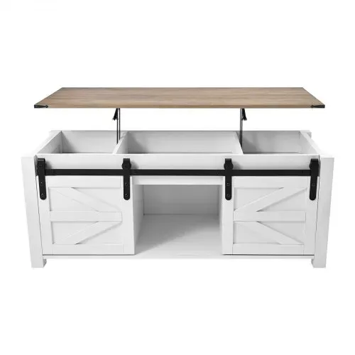 VEVOR Lift Top Couchtisch 120 cm, rustikaler Kaffeetisch mit Scheunentor & verstecktem Staufach, moderne rechteckige Hubtischplatte für Wohnzimmer Büro Zuhause, Wohnzimmertisch Sofatisch weiß – Bild 8
