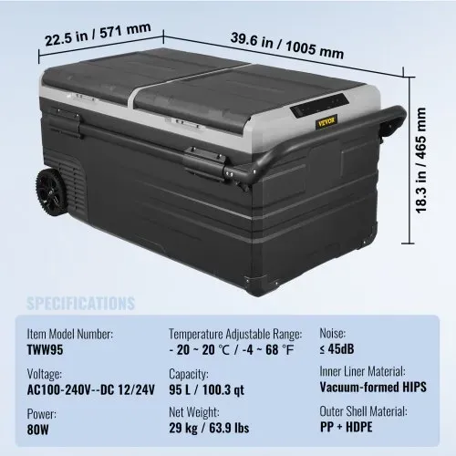 VEVOR Autokühlschrank, 12-Volt-Autokühlschrank, tragbarer 95-Liter-Gefrierschrank mit zwei Zonen und Rädern und Griff, -20 °C bis 20 °C, 12/24 V Gleichstrom und 100–240 V Wechselstrom, Kompressorkühler für Outdoor, Camping – Bild 6