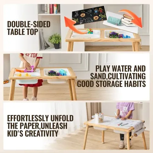 VEVOR Sensorischer Tisch Aktivitätstisch für Kinder mit 3 faltbaren Aufbewahrungsbehältern & Papierrollenhalter, Sand- und Wassertisch sensorischer Zeichentisch aus Holz, Geschenke für Kinder – Bild 2