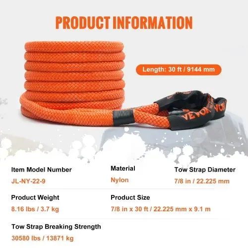 VEVOR 22 mm x 9 m Abschleppseil 13871 kg, Hochleistungs-Offroad-Bergegurt mit 2 weichen Schäkeln (20.000 kg) Extrem belastbar 30 % Elastizität Energie-Bergegurt für Jeep Auto LKW ATV UTV SUV Traktor – Bild 6