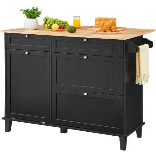 VEVOR Kücheninselwagen, 128 cm Frühstücksbar mit Holzplatte und ausklappbarem Müllschrank, 10 Gal Stauraum, Bauernhaus-Ess-/Wohnzimmertisch mit Klappplatte, Handtuchhalter, Schublade, schwarz – Bild 10