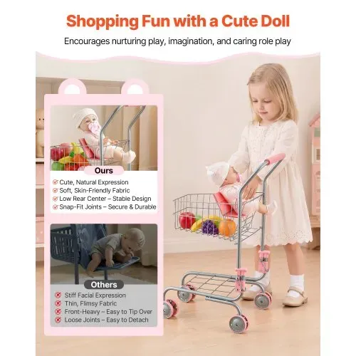 VEVOR Einkaufswagen für Kinder, Einkaufswagen Supermarkt Spielzeug mit Klappsitz für Puppen Stahlrahmen & Rollen, Faltbares Kaufladenzubehör mit Puppen-Spielset, Kaufmannsladen Spiele für Kinder ab 3 – Bild 3