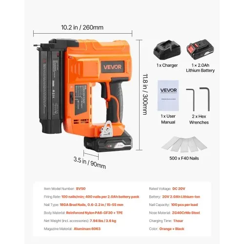 VEVOR Akku-Nagler 18 Gauge 20 V akkubetriebene Nagelpistole, 100 Nägel/min, mit 500 Nägeln & 2,0 Ah Lithiumbatterie & Ladegerät & einstellbarer Nageltiefe, für Heimwerkerarbeiten Holzbearbeitung – Bild 6