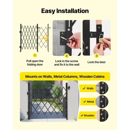 VEVOR Sicherheitstor (Einzel) abschließbares klappbares Scherentor mit 360°-Lenkrollen, einziehbare Stahltore Outdoor, für Eingangssicherheit Garage Lager, Falttor 110 x 131 cm (B x H) schwarz – Bild 4