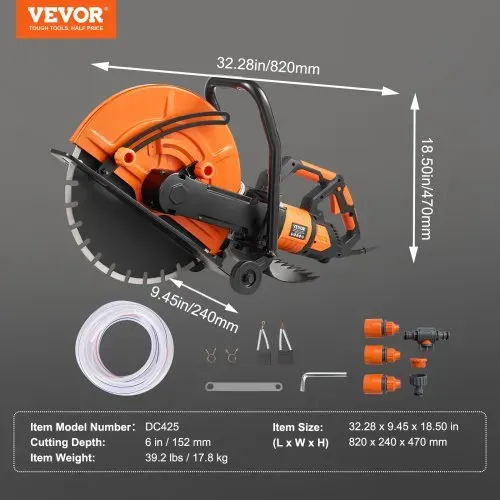 VEVOR Elektrische Betonsäge, 406 mm, Hochleistungs-Kreissäge 2800 W, Schnitttiefe 152 mm, Nass-/Trocken-Scheibensäge mit Wasserrohr, Wasserpumpe, Sägeblatt, für Stein und Ziegel – Bild 6