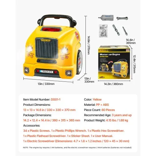 VEVOR Motorspielzeug, 60-teilig, Autoreparaturset für Kinder, mit abnehmbaren Teilen, Lichtern & Geräuschen, Lenkrad & Hupe, Mechaniker-Werkstattset Kleinkinder ab 3 Jahren, Gelb – Bild 6