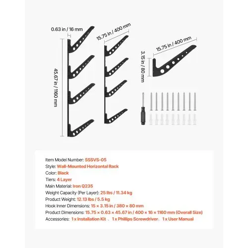 VEVOR Surfbrett-Wandhalterung (4 Ebenen) horizontales Surfbrett-Rack Aufhänger zur Aufbewahrung & Präsentation, höhenverstellbarer Organizer für Kiteboards Shortboards Skier Snowboards Schwarz – Bild 6