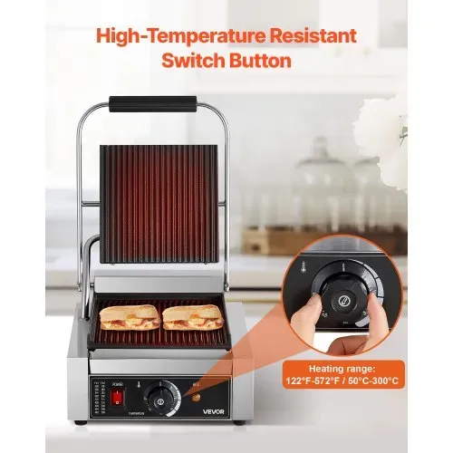 VEVOR kommerzieller Panini-Grill Kontaktgrill 1800 W für Sandwiches Steak Bacon Hamburger, Sandwichmaker Pressgrill aus Edelstahl mit Griff & Temperaturregelung & 22 x 23 cm Heizplatte, Paninipresse – Bild 4