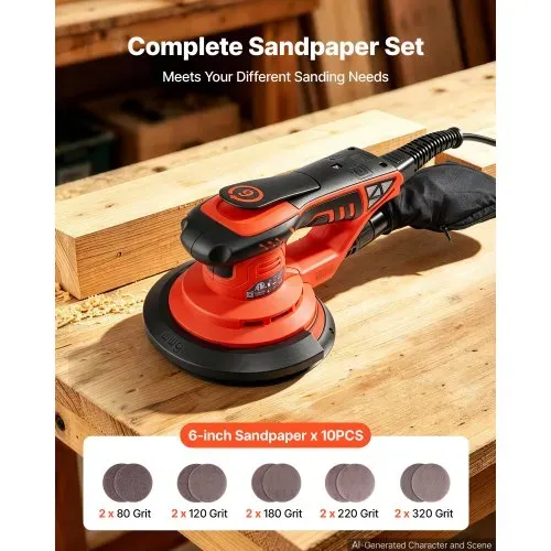VEVOR 400W Exzenterschleifer 152mm Bürstenloses Schleifgerät Holzschleifer, 4000-10000U/min, 7 Stufige Drehzahlregelung, 10 Schleifpapiere, Staubbeutel, 4m Netzkabel, Handschleifer für Holzbearbeitung – Bild 3