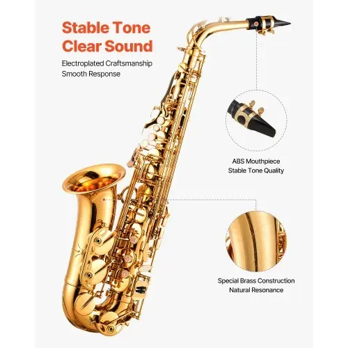 VEVOR Altsaxophon, E-Dur, Messingsaxophon-Anfängerset mit Tragetasche, Mundstück, Gurten, Reinigungstuch, Handschuhen, Fett, Umhängeband, 23 Tasten Altsaxophon-Set, für Anfänger & Schüler, Gold – Bild 2