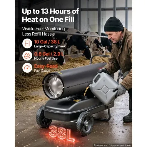 VEVOR Heizkanone 30kW Dieselheizgebläse 38L Petroleum-Heizgerät mit Rollen, Heizgebläse für Werkstatt Garage Lager & Baustelle, Thermostatsteuerung, Überhitzungsschutz, Max. 1220m³/h & 240m², Schwarz – Bild 3