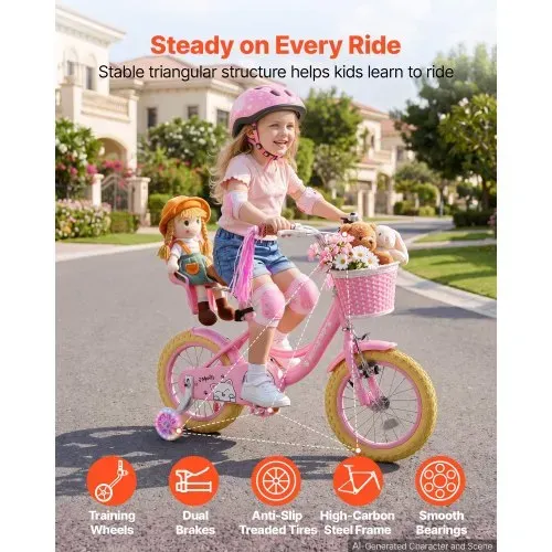 VEVOR Kinderfahrrad für 3-5 Straßenfahrrad 14 Zoll mit Stützrädern Rosa, Kinderrad für Mädchen, Kohlenstoffstahlrahmen, Doppelbremsen, Verstellbarer Sitz, mit Puppensitz & Korb, Prinzessin-Stil VEVOR Kinderfahrrad für 3-5 Straßenfahrrad 14 Zoll mit Stützrädern Rosa, Kinderrad für Mädchen, Kohlenstoffstahlrahmen, Doppelbremsen, Verstellbarer Sitz, mit Puppensitz & Korb, Prinzessin-Stil