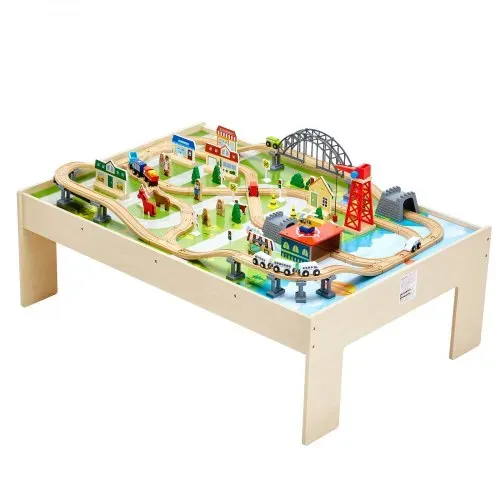 VEVOR Holz Aktivitätstisch, 120-teilig, mit zusammenklappbarem Aufbewahrungsbehälter, 3-in-1-Eisenbahn-Set zum Spielen, Malen, Lesen, Essen, kreatives Spielzeug-Set für Kinder ab 3 Jahren – Bild 9